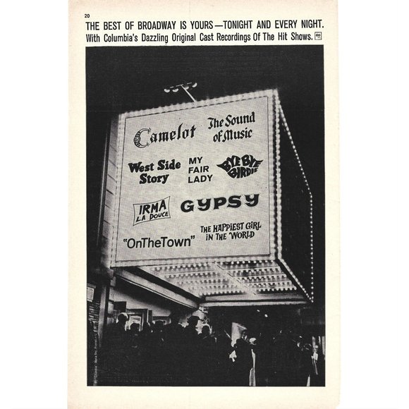 Broadway Ad Camelot Sound of Music Westside story 1960s Vintage Print Ad 9 in - Picture 1 of 4